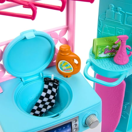 Barbie World Spinning Washer & Dryer Toy Playset with Laundry Accessories like Hangers, Basket, & More
