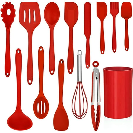 Walchoice 14 Pcs Cooking Utensils Set with Holder, Heat Resistant Silicone Kitchen Cookware Utensils Set, Kitchen Cooking Tools Includes Spatula Spoon Turner Whisk Tong, Dishwasher safe, Red, Red