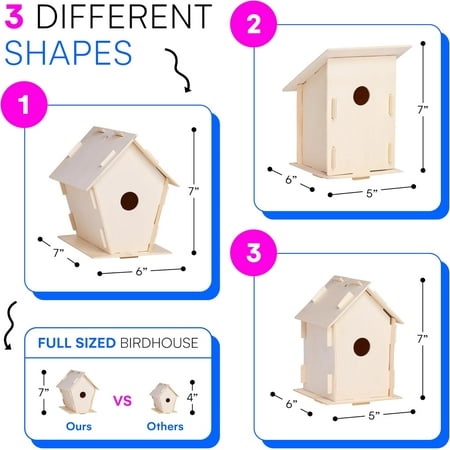 12 Wooden Birdhouse Crafts for Kids - DIY Unfinished Wood Birdhouse Kits with Paint Strips, Paintbrushes & Stickers - Bulk Arts and Crafts Set