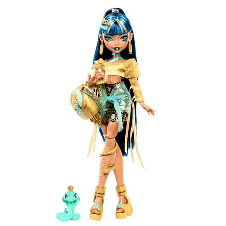 Monster High Cleo De Nile Fashion Doll in Golden Shirt with Pet Hissette and Accessories