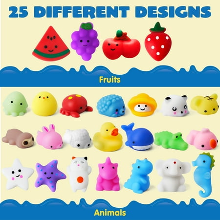Joyfy 25 Pcs Mochi Squishy Toys for Kids Mini Kawaii Squishies Fidget Toys Animals & Fruit Stress Relief Toys for Party Favors, Classroom Prizes, Pinata Filler, Goodie Bags Stuffers