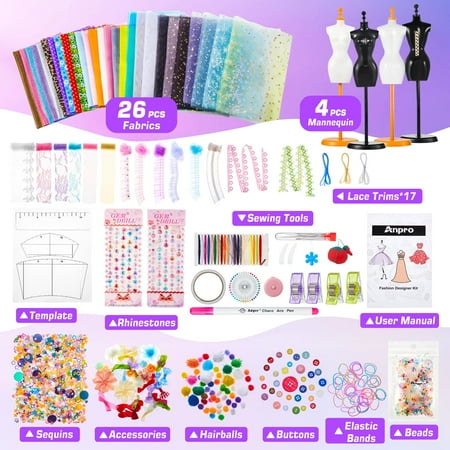 700+ PCS Fashion Designer Kits for Girls, Creativity DIY Arts & Crafts Kit with 4 Mannequins, Sewing Kit Toys Gift for Girls Ages 6-12