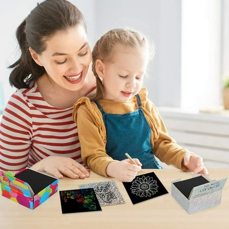 Mocoosy 4 Pack Mini Rainbow Scratch Off Art Notes, Holographic Glitter Scratch Paper Arts and Crafts for Kids Magic Scratch Notes Paper Card Christmas Birthday Gift Box