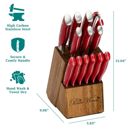 The Pioneer Woman Pioneer Signature 14-Piece Stainless Steel Knife Block Set, Red, Red