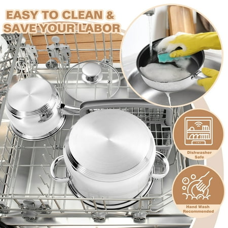 Walchoice 13-Piece Stainless Steel Cookware Set, Kitchen Pots and Pans Set with Glass Lid for Cooking, Induction & Dishwasher Safe, Silver