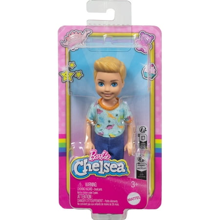 Barbie Chelsea Doll, Small Boy Doll Wearing Removable One-Piece with Dino Print, Blond Hair & Blue Eyes