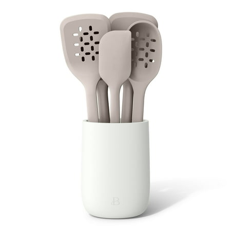 Beautiful 6-Piece Silicone Tool Set with Ceramic Crock, Porcini Taupe by Drew Barrymore