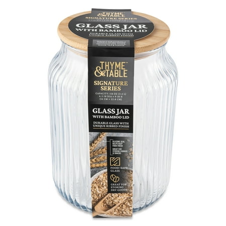 Thyme & Table Large (3 L) Ribbed Glass Kitchen Organization Jar with Bamboo Lid, Clear