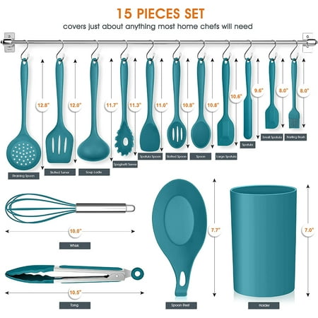 Vesteel 15-Piece Kitchen Utensils Set, Silicone Cooking Utensils with Holder, Non-stick Cookware Friendly & Heat Resistant - Teal Blue, Blue