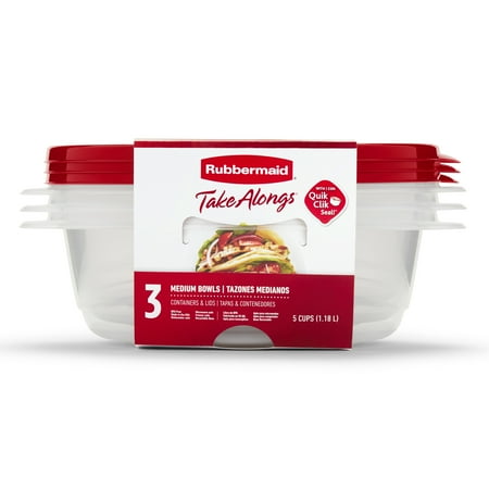 Rubbermaid TakeAlongs, 5 Cup, Set of 3, Red, Medium Bowls Plastic Food Storage Containers