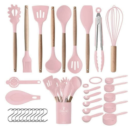 VIVAYO Kitchen Utensils Set, 32 Pcs Non-Stick Silicone Cooking Utensil Spatula Set with Holder, Wooden Handle Heat Resistance Silicon Kitchen Set with Ladle Whisk, Tongs, Measuring Cups, Spoons, Pink