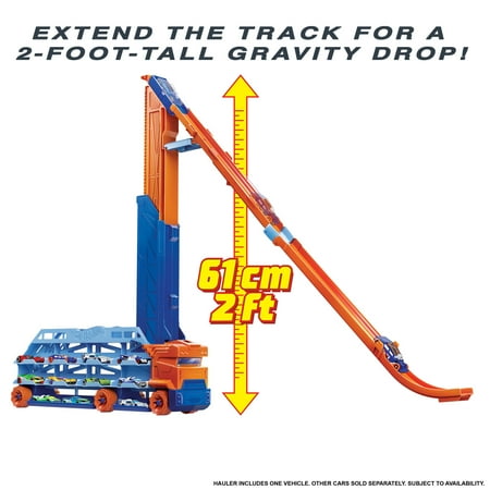 Hot Wheels City Speed Drop Transport Hauler with 1 Toy Car, Stores 20+ 1:64 Scale Vehicles