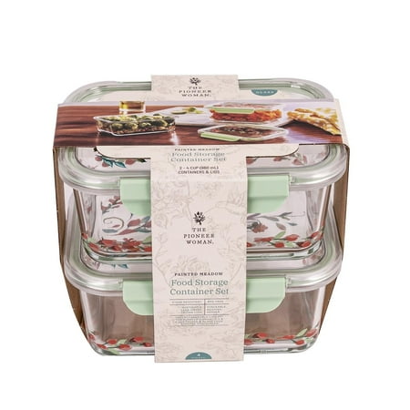 The Pioneer Woman Painted Meadow 4 Pieces 4 Cup Rectangle Glass Food Storage Containers with Tritan Lid. Set of 2