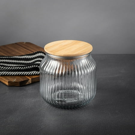 Thyme & Table Small (2.2 L) Ribbed Glass Kitchen Organization Jar with Bamboo Lid, Clear