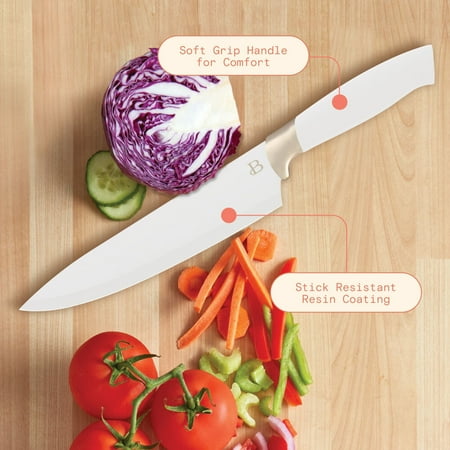 Beautiful 12 Piece Stainless Steel Knife Block Set, Soft-Grip Handles White Icing by Drew Barrymore, White