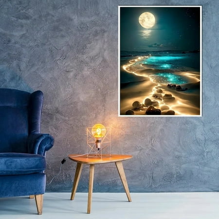 Moonlight Beach Diamond Art Kits for Adults Beginners, DIY Full Drill 5D Seaside Moon Diamond Art Kits for Home Wall Decor 12 x 16 Inch, Other