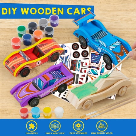 SYNCFUN 4 Piece Wooden Race Car Building & Painting Art Kit for Kids,Birthday Gift for Boys Ages 6+