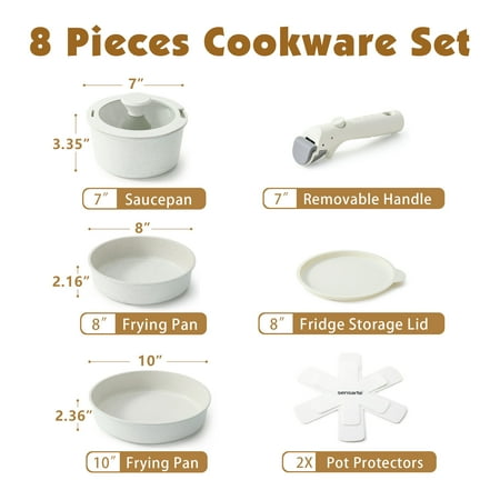 SENSARTE Nonstick Pots and Pans Set with Detachable Handle, 8pcs Cooking Pots and Pans Set with Removable Handle, Space Saving Cookware Sets, PFOA Free, Dishwasher and Oven Safe, White