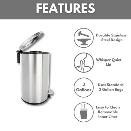 Better Homes & Gardens 3.1 Gallon Round Kitchen Step Trash Can Stainless Steel, Silver
