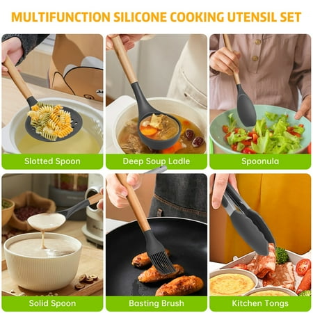 29 Pcs Silicone Kitchen Utensil Set, Cooking Utensils Set, Food Grade Silicone Spatula Set, BPA-Free, 446?F Heat Resistant Kitchen Gadgets Tools Set with Wooden Handle for Non-Stick Cookware, Gray, Gray