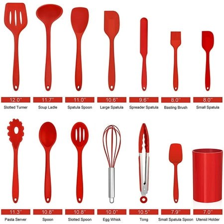 Walchoice 14 Pcs Cooking Utensils Set with Holder, Heat Resistant Silicone Kitchen Cookware Utensils Set, Kitchen Cooking Tools Includes Spatula Spoon Turner Whisk Tong, Dishwasher safe, Red, Red