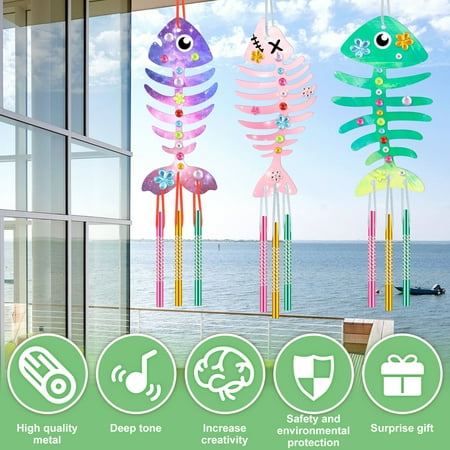 12 Pack Wind Chime Kit for Kids,Fish Wind Chime Kit Wooden Arts and Crafts for Girls Boys DIY Fish Bone Craft for Art Activity Birthday Party, 1 Set?12Pcs?