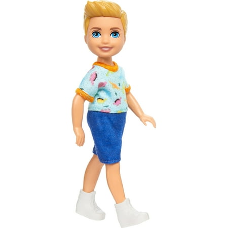 Barbie Chelsea Doll, Small Boy Doll Wearing Removable One-Piece with Dino Print, Blond Hair & Blue Eyes