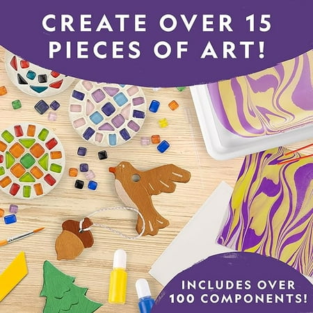 NATIONAL GEOGRAPHIC Mega Arts and Crafts Kit for Kids, Mosaic Kit, Marbling Paint Kit & Air Dry Clay Pottery Kit - Art Projects for Kids Ages 8-12, Crafts for Girls and Boys