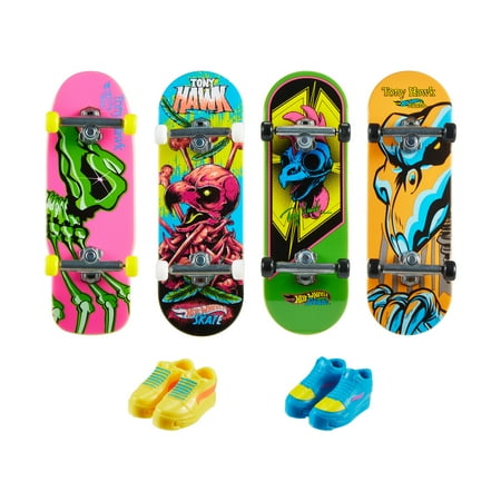 Hot Wheels Skate Neon Bones Tony Hawk Set, 4 Fingerboards and 2 Pairs of Skate Shoes, Child, 0.93 in
