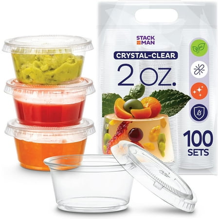 Stack Man Clear Plastic Condiment Containers With Lids (100 Sets - 2 oz.) Disposable Portion Containers, Jello Shot Cups, Snack Portion Cups, 2 oz.