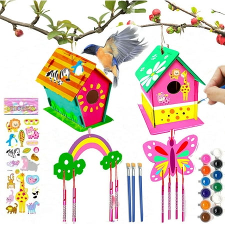 2 Set DIY Bird House Wind Chime Kits, Birdhouse Kit Crafts for Kids Ages 4-12, Build and Paint Birdhouses Wooden Arts Kits, Outdoor toys, Ideal Birthday, Children's Day ,Christmas Gifts for Kids