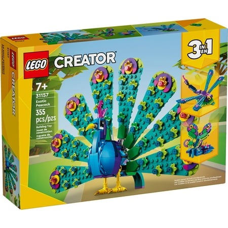 LEGO Creator 3 in 1 Exotic Peacock Toy, Transforms from Peacock to Dragonfly to Butterfly Toy, Play-and-Display Gift Idea for Boys and Girls Ages 7 Years Old and Up, Bird Toy, 31157