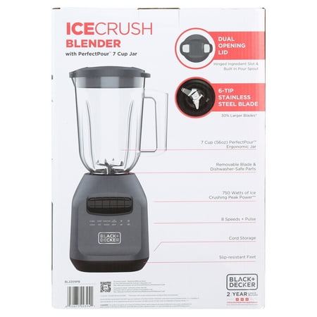 Black & Decker Ice Crush Blender with 56 Ounce (7 Cup) PerfectPour Plastic Jar, Powerful 6-Tip Stainless Steel Blade, 8-Speeds Plus Pulse, 750 Peak Watts of Power, BL2209PB