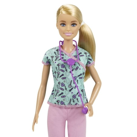 Barbie Nurse Fashion Doll Dressed in Medical Scrubs, White Shoes & Stethoscope Accessory, One Size, 12"