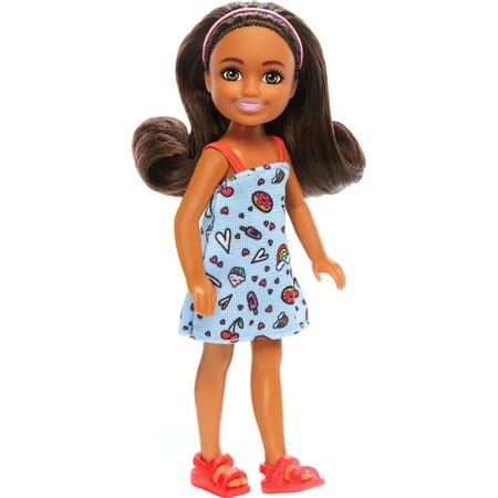 Barbie Chelsea Doll, Small Doll Wearing Removable Blue Dress with Brown Hair & Green Eyes