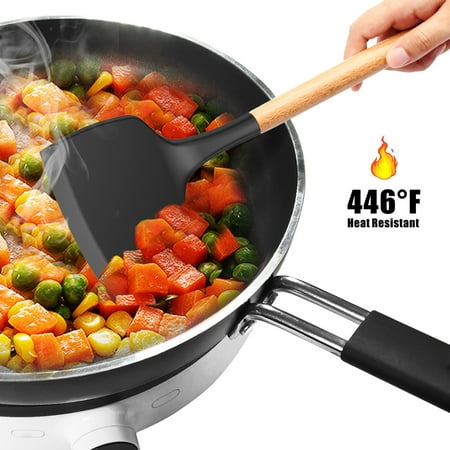 oannao Silicone Cooking Utensils Set - 446?F Heat Resistant Silicone Kitchen Utensils for Cooking,Kitchen Utensil Spatula Set w Wooden Handles,Holder, BPA FREE Gadgets for Non-Stick Cookware (Grey), Gray