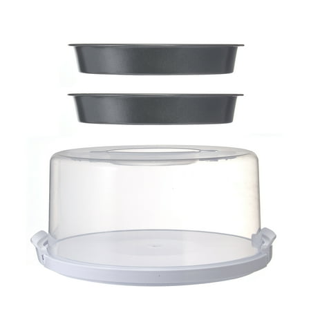 Mainstays 12 inch Clear Cake Carrier with 2pk 9 inch Gray Round Pans, Carbon Steel