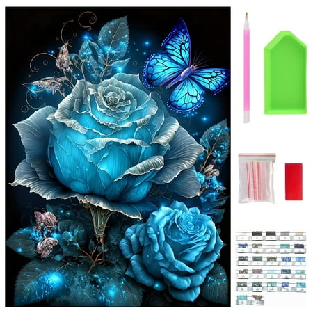 Diamond Art Kits for Adults, Blue Flower Diamond Art Kits, DIY Full Drill Crystal Gem Arts and Crafts, Suitable for Home Leisure and Wall Decoration (11.8x15.7 inch), Blue