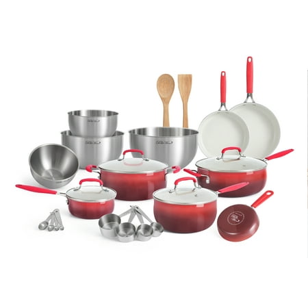 The Pioneer Woman Ceramic Classic 25 Piece Nonstick Aluminum Cookware Set, Silicone and Stainless Steel, Red