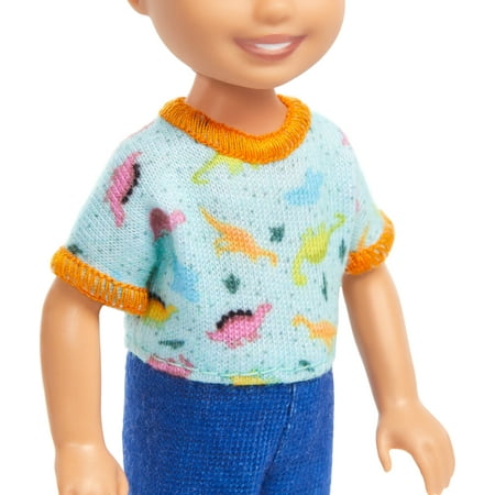 Barbie Chelsea Doll, Small Boy Doll Wearing Removable One-Piece with Dino Print, Blond Hair & Blue Eyes