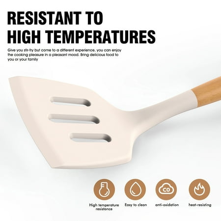 35 Silicone Cooking Utensils Set - 446?F Heat Resistant Silicone Kitchen Utensils for Cooking, Kitchen Utensil Spatula Set w Wooden Handles and Holder, BPA FREE Gadgets for Non-Stick Cookware (Khaki), Beige