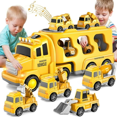 PayUSD Construction Toddler Truck Toys for 3 4 5 6 Year Old Boys 5-in-1 Friction Power Vehicle Car Toy for Toddlers 1-3 Carrier Truck Toys for Kids 3-5 Christmas Birthday Gifts for Girls Age 3-9