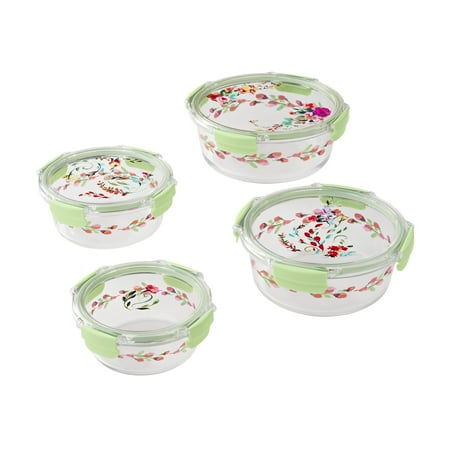 The Pioneer Woman Painted Meadow Round Glass Food Storage Containers with Tritan Lid. Set of 4, 8 Pieces