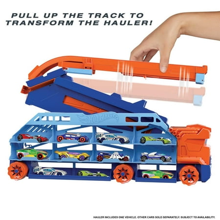Hot Wheels City Speed Drop Transport Hauler with 1 Toy Car, Stores 20+ 1:64 Scale Vehicles