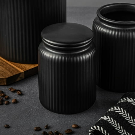Thyme & Table Small (580mL) Ceramic Ribbed Kitchen Organization Jar, Black