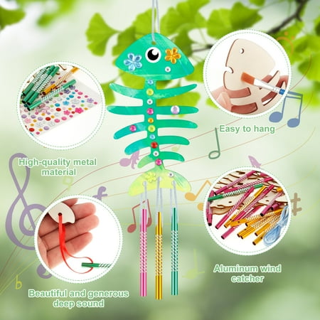 12 Pack Wind Chime Kit for Kids,Fish Wind Chime Kit Wooden Arts and Crafts for Girls Boys DIY Fish Bone Craft for Art Activity Birthday Party, 1 Set?12Pcs?