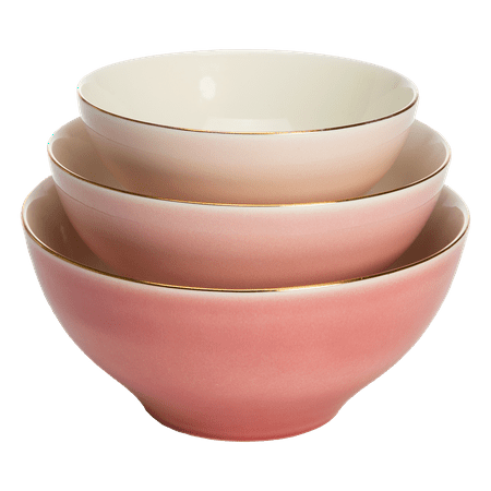 Paris Hilton 3-Piece Ceramic Bowl Set, Nesting Mixing Bowls, Dishwasher Safe, Pink and Gold