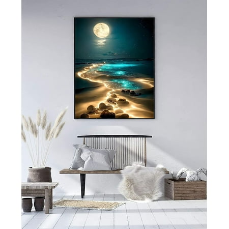 Moonlight Beach Diamond Art Kits for Adults Beginners, DIY Full Drill 5D Seaside Moon Diamond Art Kits for Home Wall Decor 12 x 16 Inch, Other