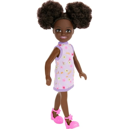 Barbie Chelsea Doll, Small Doll Wearing Removable Purple Floral Dress with Space Buns & Brown Eyes