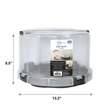 Mainstays Round Plastic Cake and Cupcake Carrier, Clear with Gray Handle, Clasps and Base (1 Each) Includes Slice-and-Server Utensil, 13.2" x 8.5"